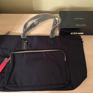 New Estée Lauder Navy Zippered Tote Bag & Estée Lauder 6 Piece Beauty Set